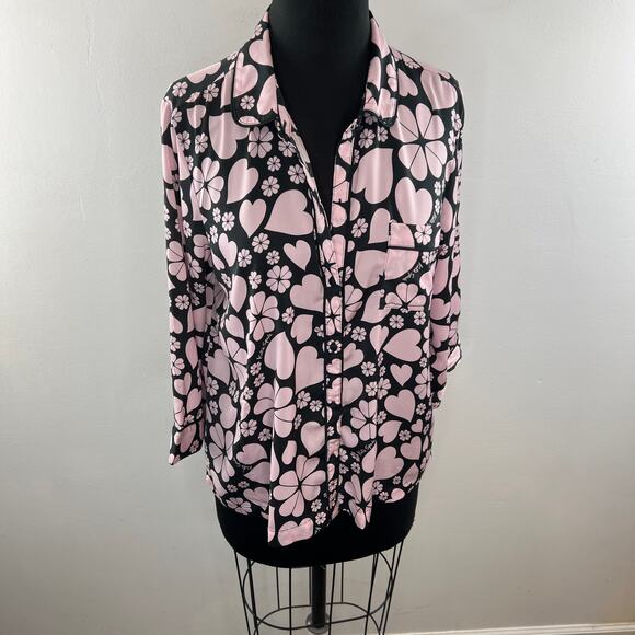 KATE SPADE Black Pink Top Clover Hearts Print Collared PJ Button-Up Medium M - Picture 2 of 11